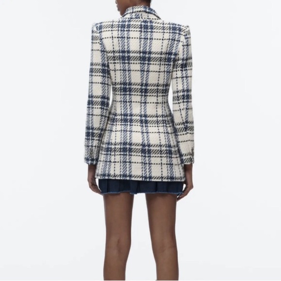 ZARA BLOGGER FAVE Blue & Cream Plaid Check Double Breasted Blazer Jacket NWT - Picture 6 of 8